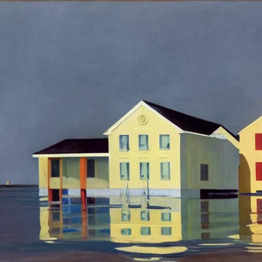 Prompt: painting of a flooded house, by Edward Hopper