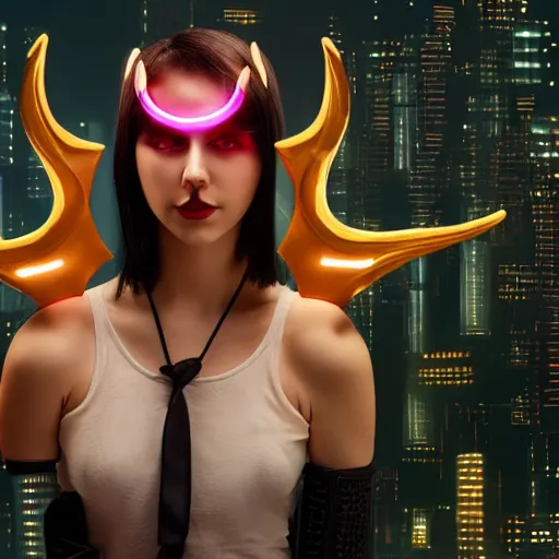 Prompt: cyber girl with demon horns and a gloomy face in front of a cybercity