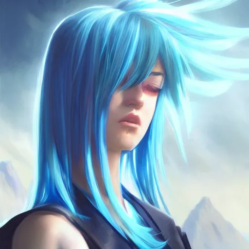 Image similar to profile shot of rimuru tempest, sky blue hair, straight hair, pretty, long bangs, amber eyes, all black jacket with white stripes, high collar, highly detailed, unreal engine 5, color block, digital painting, concept art, cinematic, wlop | artgerm, pixiv, greg rutkowski, ilya kuvshinov, andy warhol