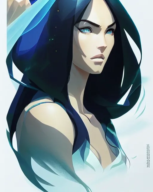 Image similar to azctec wizard, megan fox, gemstone forehead, detailed perfect face, exquisite details, fire magic, mid view, design on a white background, by studio muti, greg rutkowski makoto shinkai takashi takeuchi studio ghibli