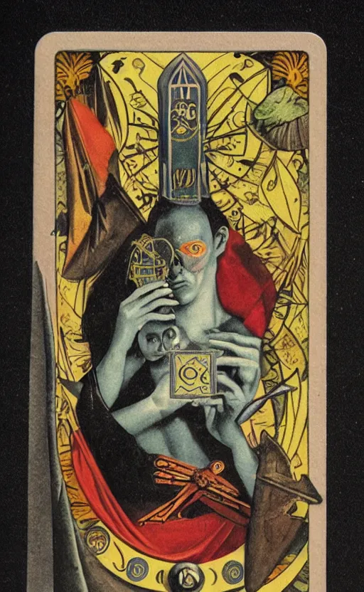 Prompt: an occult tarot card, the fool, clever design, ornate border, playing card, by hannah hoch and jesse treece and christian jackson and josh brill