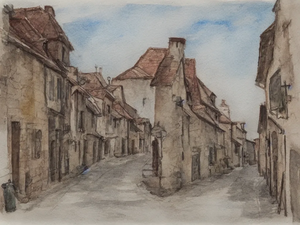 Prompt: a street in a old small village, pencil and watercolor, detailed