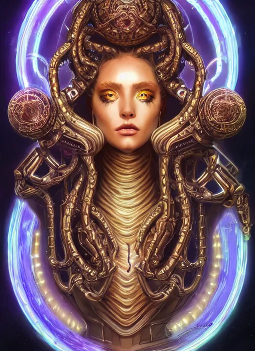 Prompt: ultradetailed ornate sci-fi RPG illustration of a beautiful symmetric Medusa radiating a glowing aura wearing a cyberpunk armor with decorum, digital airbrush painting, 3d rim light, hyperrealistic masterpiece, artstation, cgsociety, kodakchrome, golden ratio