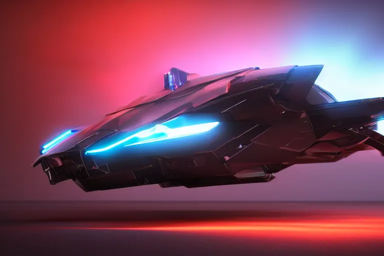 Prompt: full shot of a box - shaped sci - fi flying vehicle made from dark glass and plastic surfaces with neon kanji decals in the style of bladerunner 2 0 4 9, peugeot prestige, side lights, studio lighting, octane render, light background