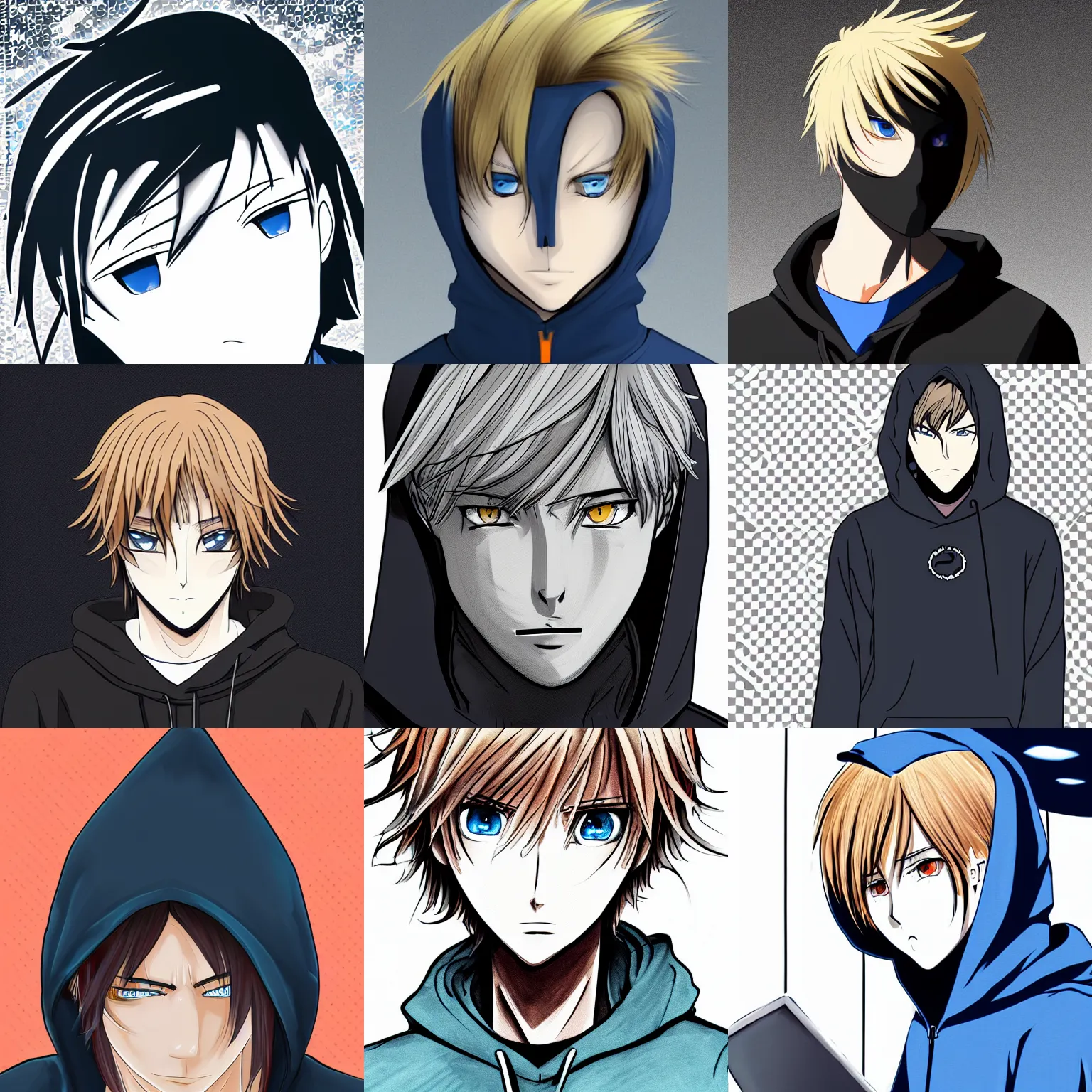 Prompt: dark blonde anime guy with blue eyes wearing a black hoodie, profile picture, smooth lines, digital art, japan