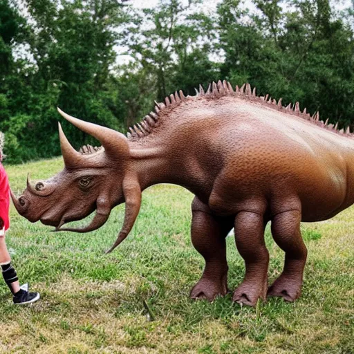 Image similar to a little girl with curly brown hair meeting a triceratops