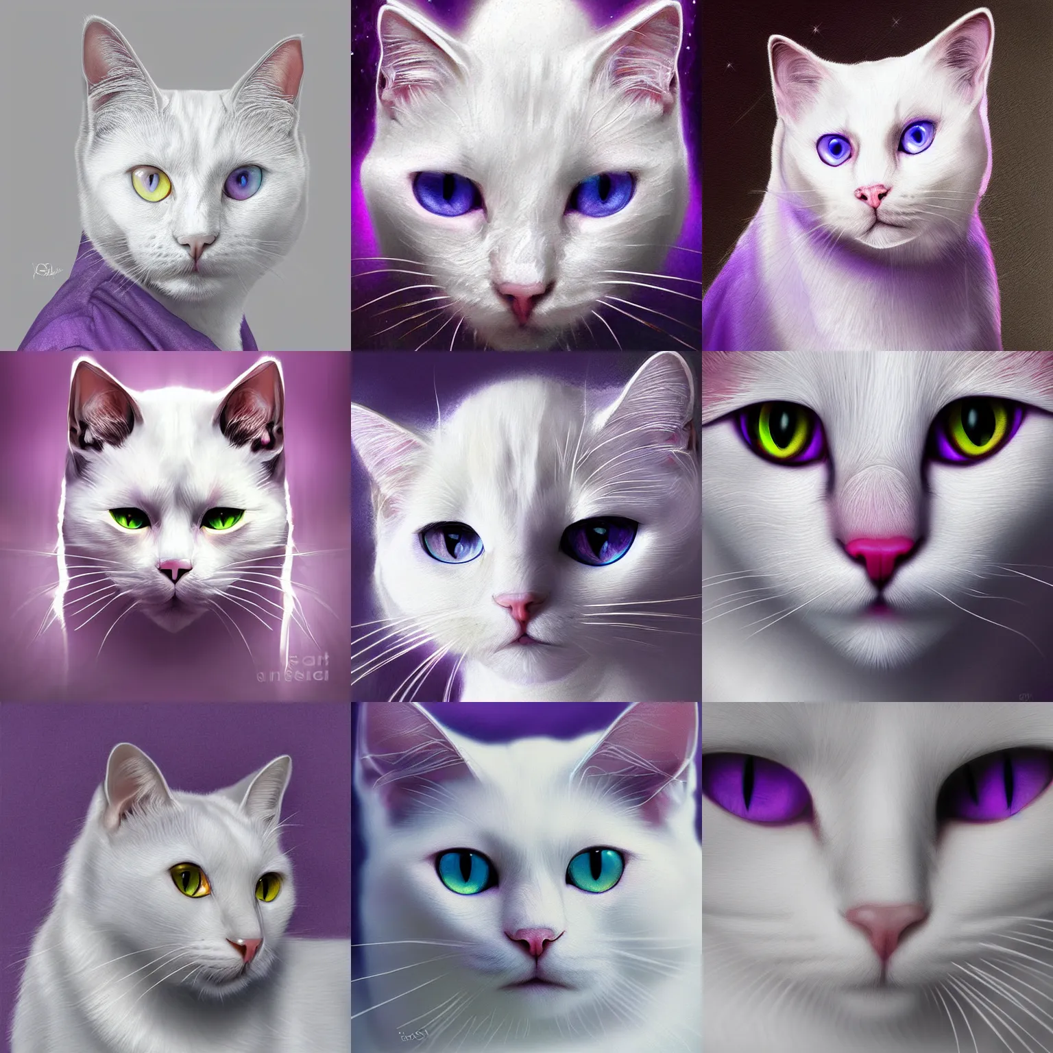Prompt: Portrait of a white cat, purple eyes, fantasy, digital art, HD, detailed.