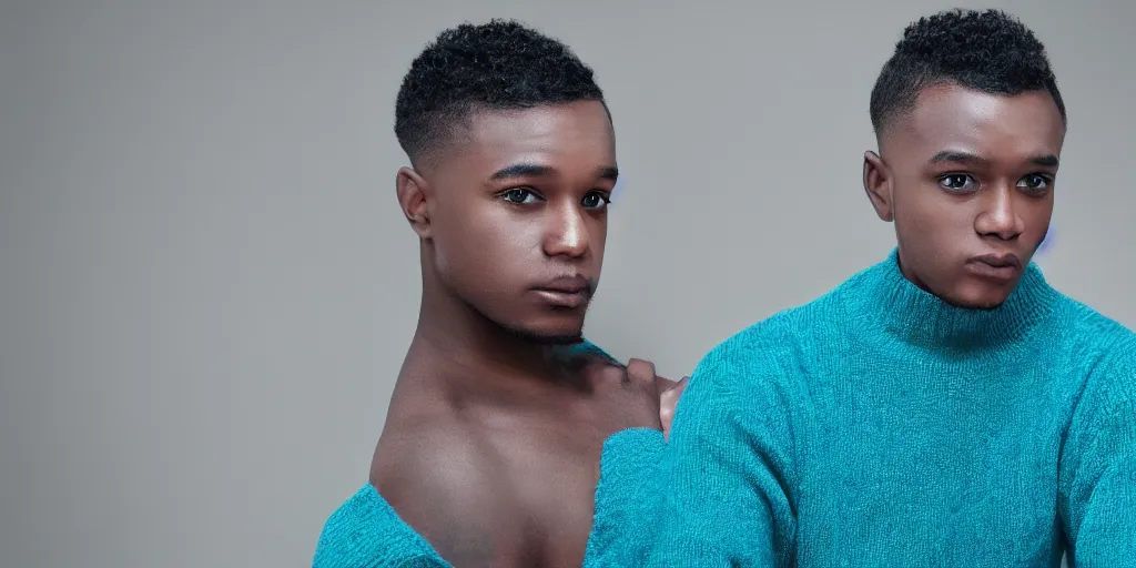 Image similar to Male, Male, Male, Male, Male, short hair, blue hair, dark skin, teal sweater, wavy hair, photograph, hd,