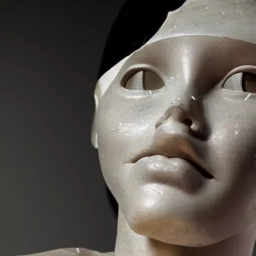Image similar to a close-up face of a female cyborg sculpture made of marble