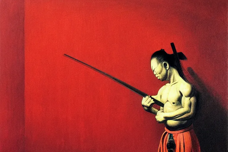 Image similar to only with red, a red samurai do seppuku, tokio, a lot of frogs watch, in the style of beksinski, parts by edward hopper, parts by rodcenko, parts by yue minjun, intricate and epic composition, red by caravaggio, insanely quality, highly detailed, masterpiece, red light, artstation, 4 k