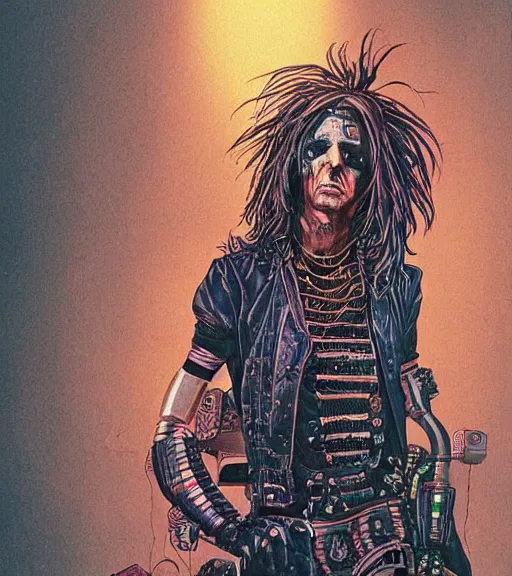 Image similar to a cyberpunk Alice Cooper detailed illustration, character portrait, by Martin Grip and Moebius