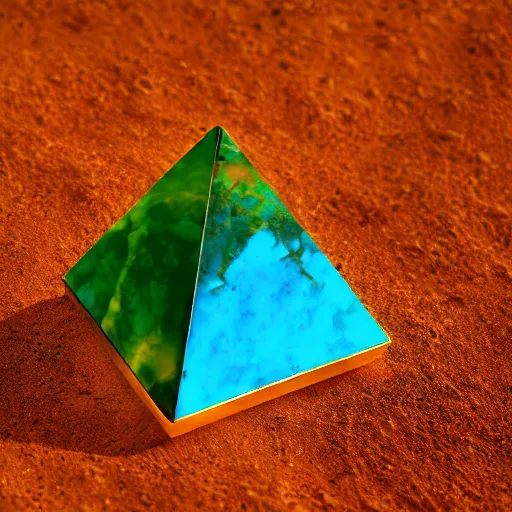 Image similar to four - sided pyramid peridot, turquoise, amber, volumetric light, abstract, bright colour, landscape, desert, earth, fire, water