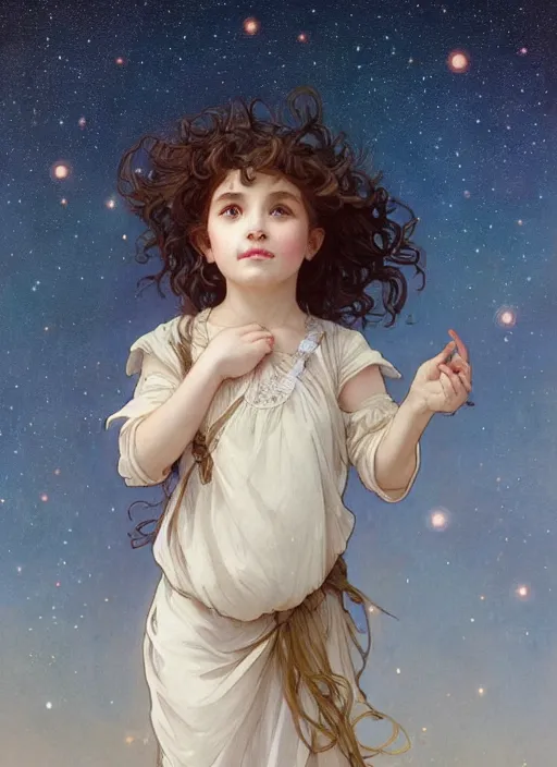 Image similar to A cute little girl with short curly brown hair. She is standing in a field at night looking up and the sky is filled with constellations. beautiful fantasy art by By Artgerm and Greg Rutkowski and Alphonse Mucha, trending on artstation.