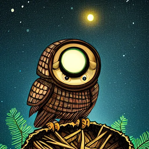 Image similar to mechanical owl inside a hole in a tree, red eyes glowing, night sky with full of stars, in the middle of forest, illustration, 2 d style, hand drawn, realistic style, futuristic, cinematic lighting, high key lighting, high contrast, golden ratio