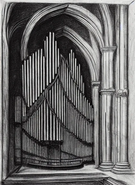 Image similar to pipe organ in a sunken cathedral, 1 9 th century charcoal and pencil drawing, high detail, high contrast