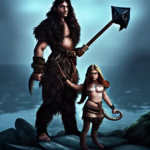 Image similar to a DND barbarian wearing fur coat holding a small Triton girl with black hair, high resolution film still, 4k, HDR colors
