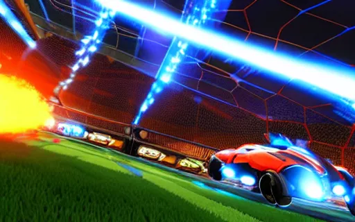 Image similar to rocket league, car soccer, boom, goal, demo, explosion, action shot, lens flares, rim light, raytracing, glow, haze, octane render, unreal engine, cinematic angle, dramatic lighting