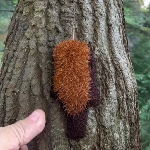 Prompt: A brownie that looks like a piece of wood. The shape is reminiscent of a pine tree, and the coloration is similar as well. It is covered with hair on its legs and torso, which makes it look like an animal in the forest. Its arms are thin but long, and have small hands and fingers. It carries an axe on its back, which makes it look like a lumberjack.