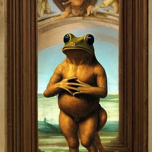 Prompt: a small frog standing on two feet at the hotel reception entry, renaissance painting