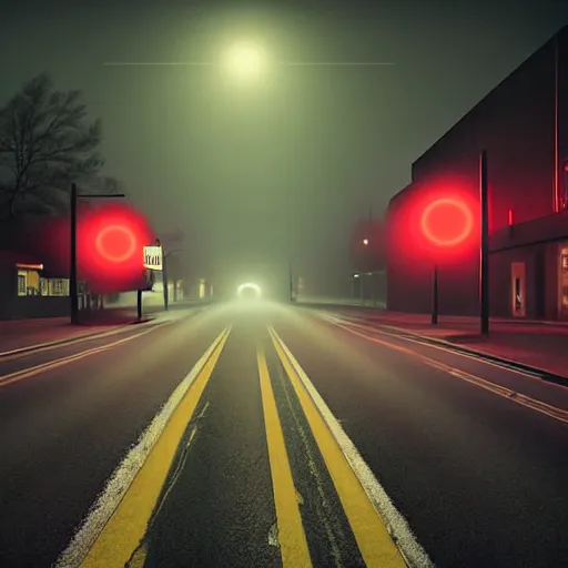 Image similar to A stunningly beautiful award-winning 8K high angle cinematic movie photograph of a dark foggy main intersection in an abandoned 1950s small town at night, by Edward Hopper and David Fincher and Darius Khonji, cinematic lighting, perfect composition, moody low key volumetric light. Color palette from Seven, greens yellows and reds. 2 point perspective, high angle from 15 feet off the ground. Octane render, cgsociety