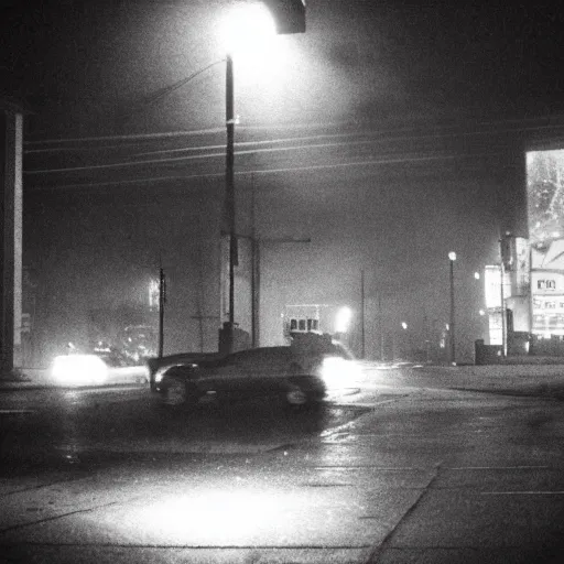 Prompt: taken using a film camera with 35mm expired film, bright camera flash enabled, cyberpunk city at night, slightly foggy, creepy, liminal space,