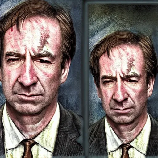 Prompt: a low resolution messy colorized mugshot of saul goodman, grainy, messy, grunged up, low resolution, low quality, realistic, hyperrealistic, 8 k resolution, hd quality, detailed, very detailed, highly detailed, intricate details, trending on artstation, colored, colorized, really realistic, very realistic, real, real life, real world