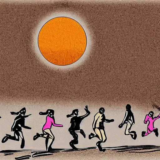 Image similar to people running away from a tiny nuclear explosion, at night, digital art