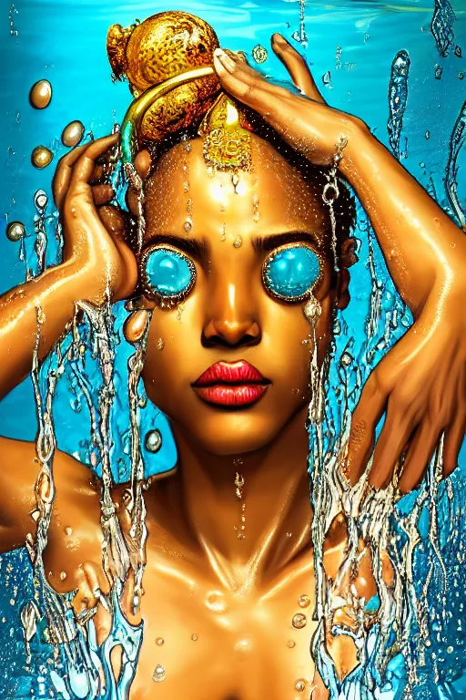 Image similar to hyperrealistic neo - pop cinematic super expressive! oshun goddess immersed in water!, mirror dripping droplet, gold ornate jewely, highly detailed face, digital art masterpiece, smooth eric zener cam de leon, dramatic pearlescent turquoise light on one side, low angle uhd 8 k, shallow depth of field