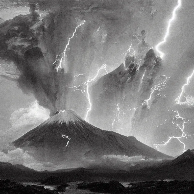 Prompt: volcano explosion lightning ash cloud tall mountain in the style of Ansel Adams, Thomas Cole and Gustave dore