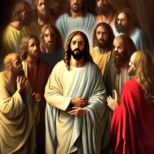 Image similar to A masterpiece ultrarealistic ultradetailed photo of Jesus Christ with his apostles, 4k. cinematic, dramatic