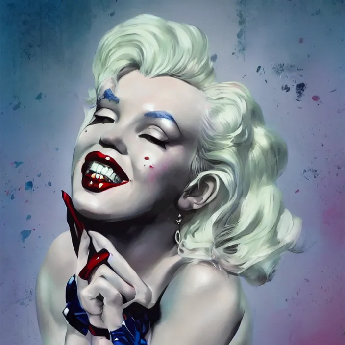 Image similar to portrait of Marilyn Monroe as a harley quinn. intricate abstract. intricate artwork. by Tooth Wu, wlop, beeple, dan mumford. octane render, trending on artstation, greg rutkowski very coherent symmetrical artwork. cinematic, hyper realism, high detail, octane render, 8k, iridescent accents