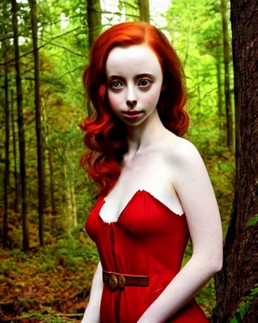 Prompt: gorgeous Kacey Rohl, realistic character concept, red hair, symmetrical face, symmetrical eyes, green dress, forest, trees, shorter neck, cinematic lighting, artgerm, Norman Rockwell, Joshua Middleton, Adreas Rocha, beautiful