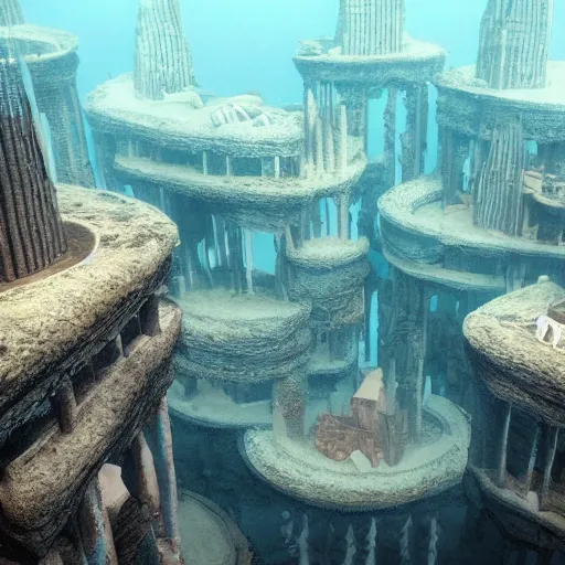 Image similar to an underwater city, made of mufflers