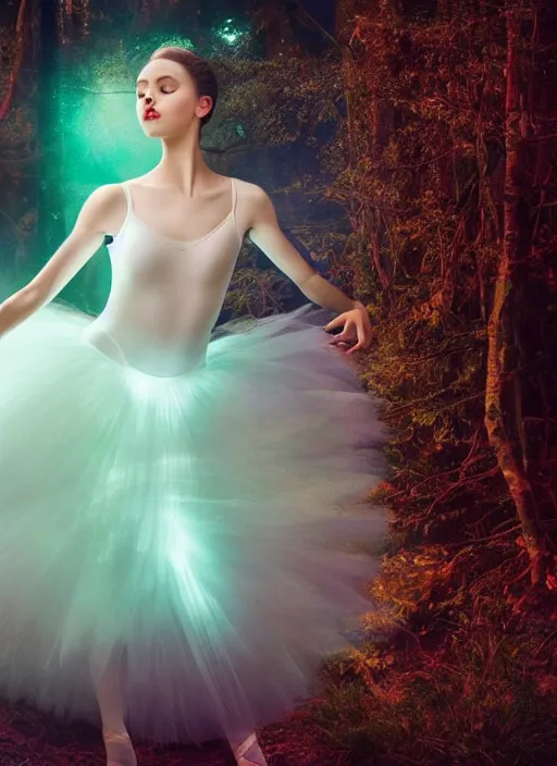 Image similar to luminescent long exposure light painting beauteous practical sumptuous ballerina, lifelike incredible hair, projected crystalline masterpiece incrustations, hyperdetailed face, elegant pose, movie still, intricate, octane render, cinematic forest lighting,