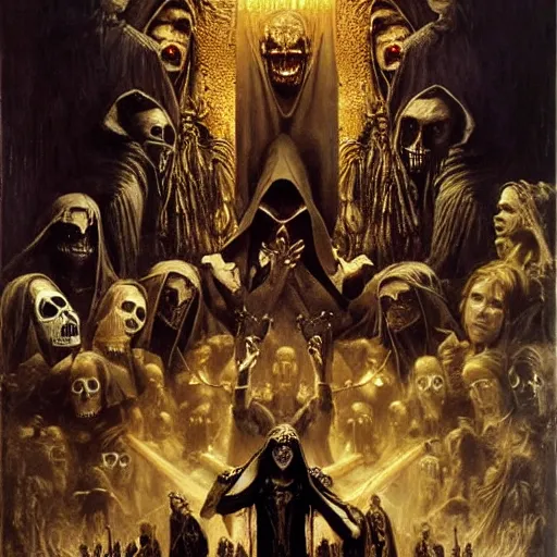 Image similar to dante's inferno, with people in black hooded tunic like in the film eyes wide shut of stanley kubrick, illuminati symbol, crows, skeletons, crosses, dark beauty, rotten gold, perfect faces, extremely detailed. highly detailed painting by gaston bussiere, craig mullins j. c. leyendecker 8 k