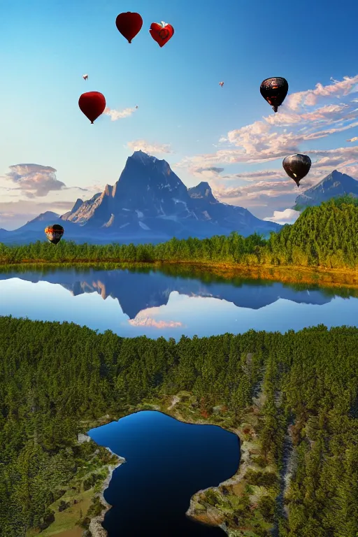 Image similar to Photorealistic photo of two hot air balloons shaped as black swans flying above a reflective mountain lake, touching heads, forming a heart with their necks, beautiful, 8k highly professionally detailed, HDR, CGsociety