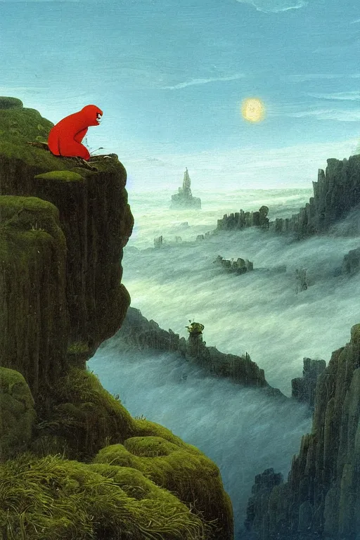 Prompt: Pepe the Frog in painting Wanderer above the Sea of Fog by Caspar David Friedrich,