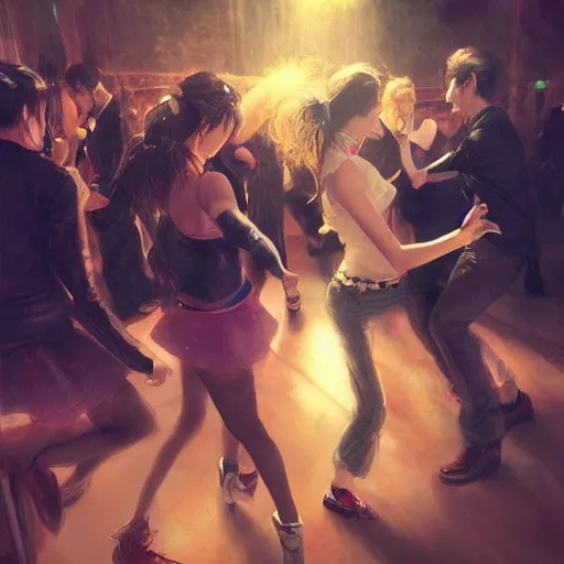 Image similar to people dancing at a night club, highly detailed, trending on artstation, artgerm, yoshitaka amano