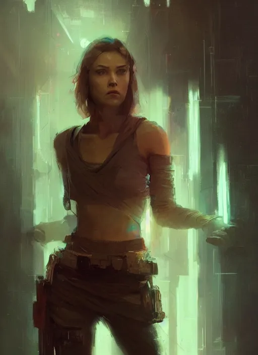 Image similar to female jedi, beautiful face, neon, rule of thirds, intricate outfit, spotlight, by greg rutkowski, by jeremy mann, digital painting