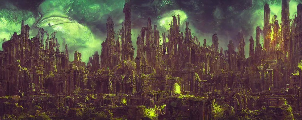 Prompt: ” ancient ruins of an alien cathedral, [ cinematic, detailed, epic, widescreen, opening, establishing, mattepainting, photorealistic, realistic textures, octane render, art by paul lehr ] ”