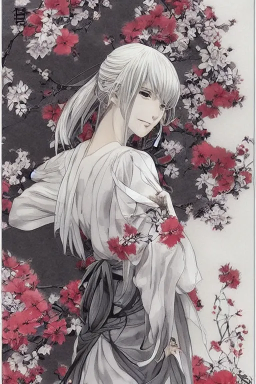 Prompt: beautiful girl, silver hair, white kimono with complex red flower patterns, full body, looking to camera, showing her shoulder from back, ilustration by (((Takehiko Inoue))) ((and Krenz Cushart))