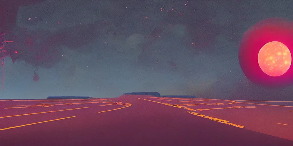 Image similar to a painting of a road with a red moon in the background, a matte painting by beeple, behance contest winner, space art, outrun, synthwave, retrowave