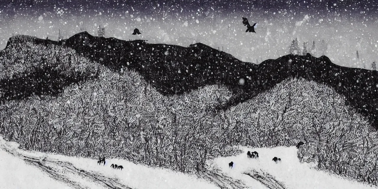 Prompt: laurentian appalachian mountains in winter, unique, original and creative black ink landscape, surrealist artwork, snowy night, distant town lights, aurora borealis, deers and ravens, lonely human walking, footsteps in the snow, fascinating textures, outstanding composition