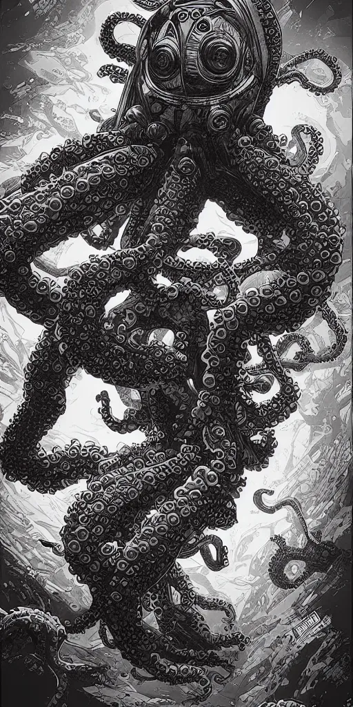 Image similar to robotic octopus, style of james jean and laurie greasley and greg rutkowski, dynamic composition, dramatic lighting, hyper - realistic, ultra detailed, 8 k