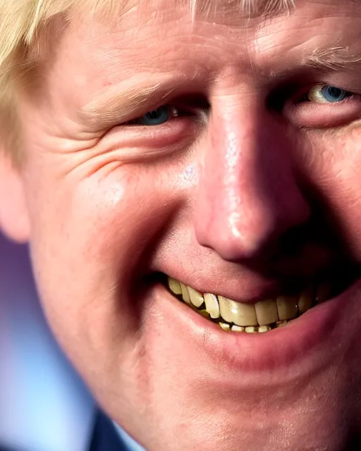 Image similar to a film still extreme close - up shot of boris johnson grinning. photography, photographic