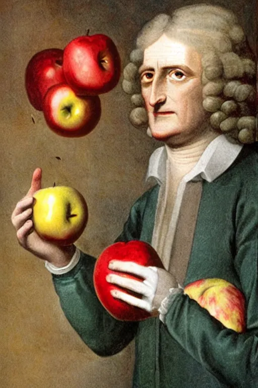 Image similar to isaac newton holding an apple, collage