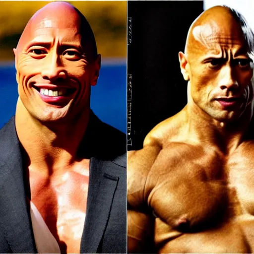 Image similar to Dwayne the rock Johnson with a really big forehead with abbs