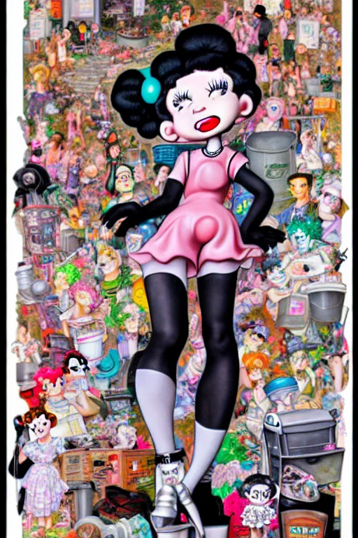 Prompt: full view, from a distance, of anthropomorphic trashcan who is betty boop, full of trash, style of yoshii chie and hikari shimoda and martine johanna, highly detailed