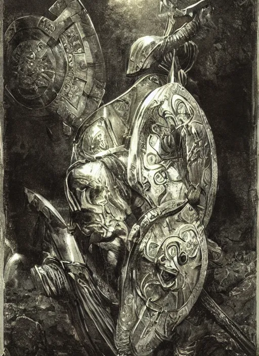 Image similar to highly detailed picture of great greek warrior with a shield, edge of the universe, symmetrical face, cinematic romantic magical, greek myth, masterpiece, from the book by gene wolfe, highly detailed painting by gustave dore