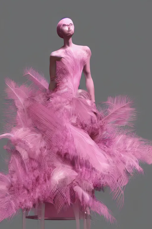 Image similar to a woman in a pink dress and pink shoes, a haute couture marble sculpture by alexander mcqueen, cg society contest winner, vorticism, daz 3 d, made of feathers, feminine